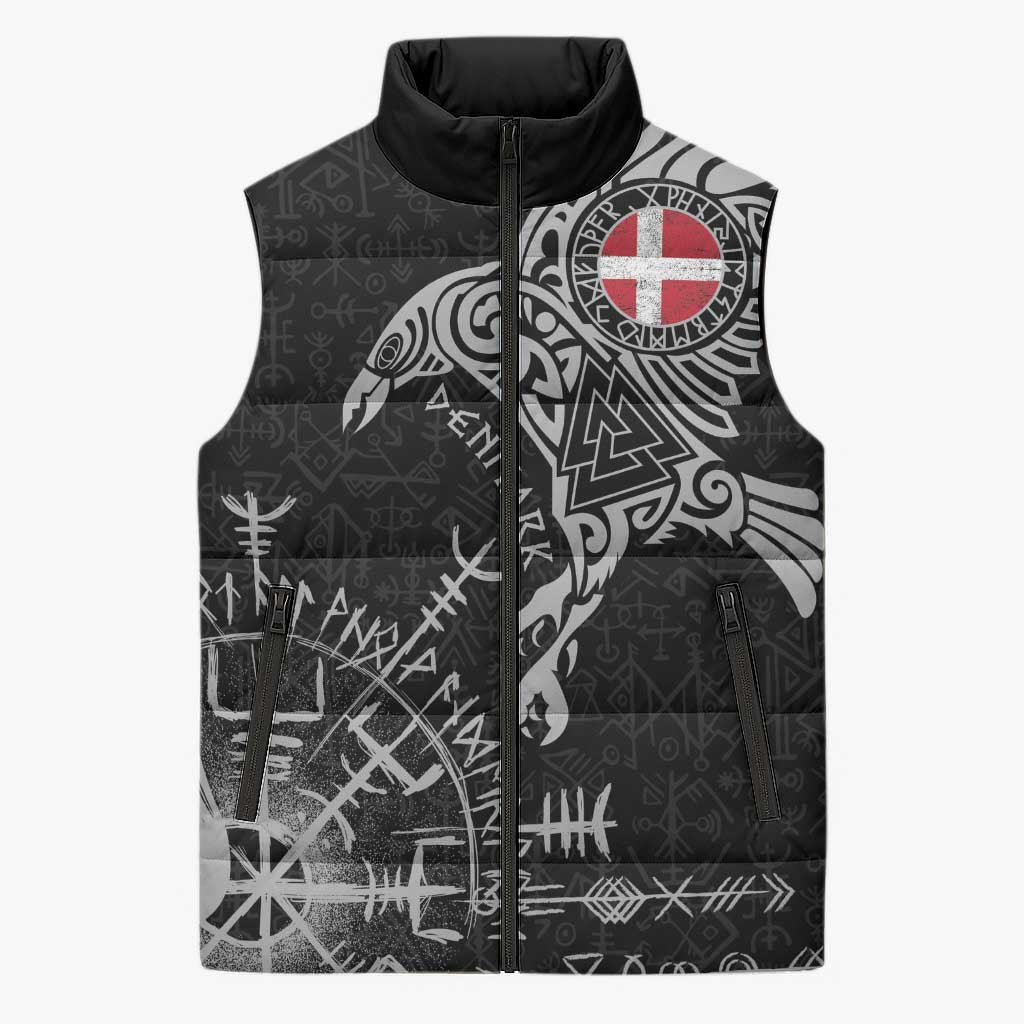Denmark Viking Ravens Sleeveless Puffer Jacket Vegvisir Runes Pattern - Wonder Print Shop
