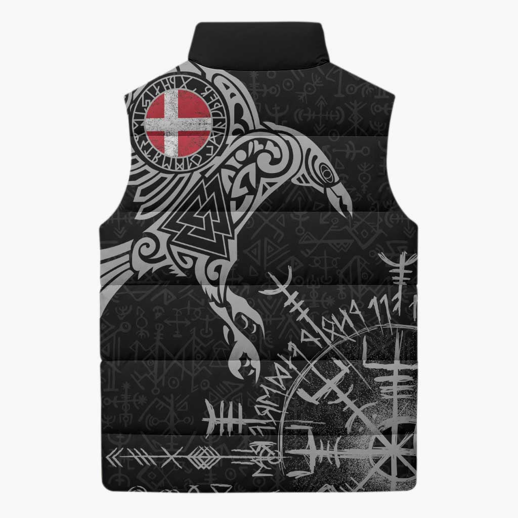 Denmark Viking Ravens Sleeveless Puffer Jacket Vegvisir Runes Pattern - Wonder Print Shop