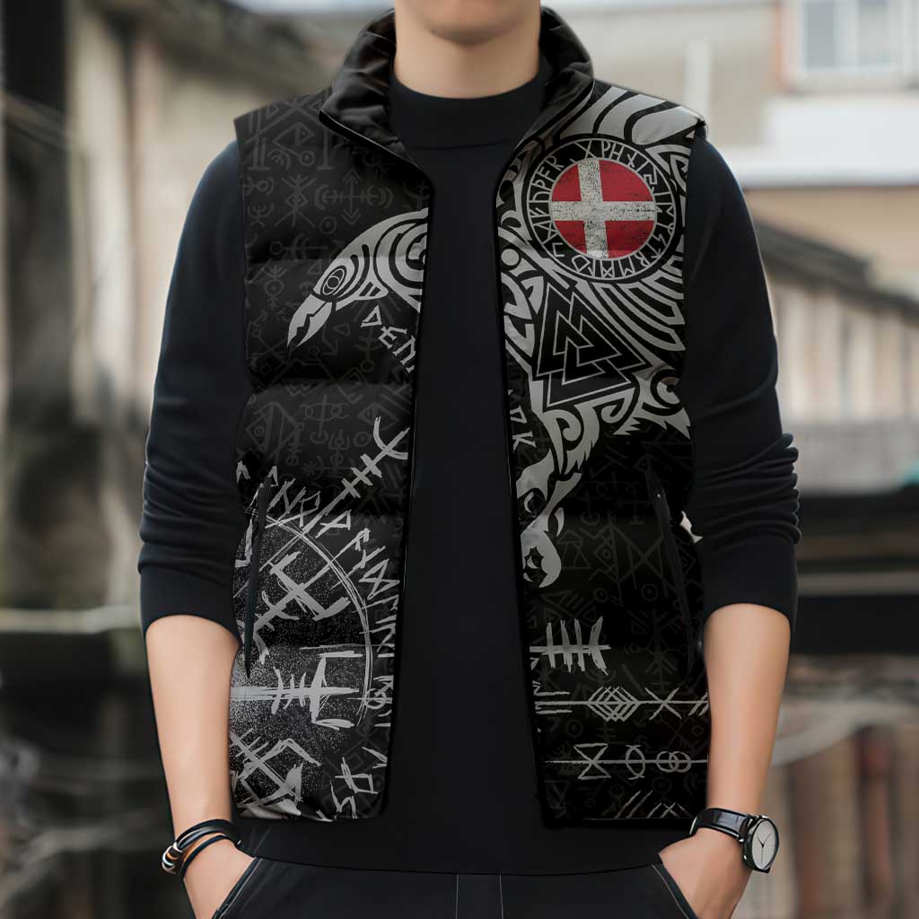 Denmark Viking Ravens Sleeveless Puffer Jacket Vegvisir Runes Pattern - Wonder Print Shop