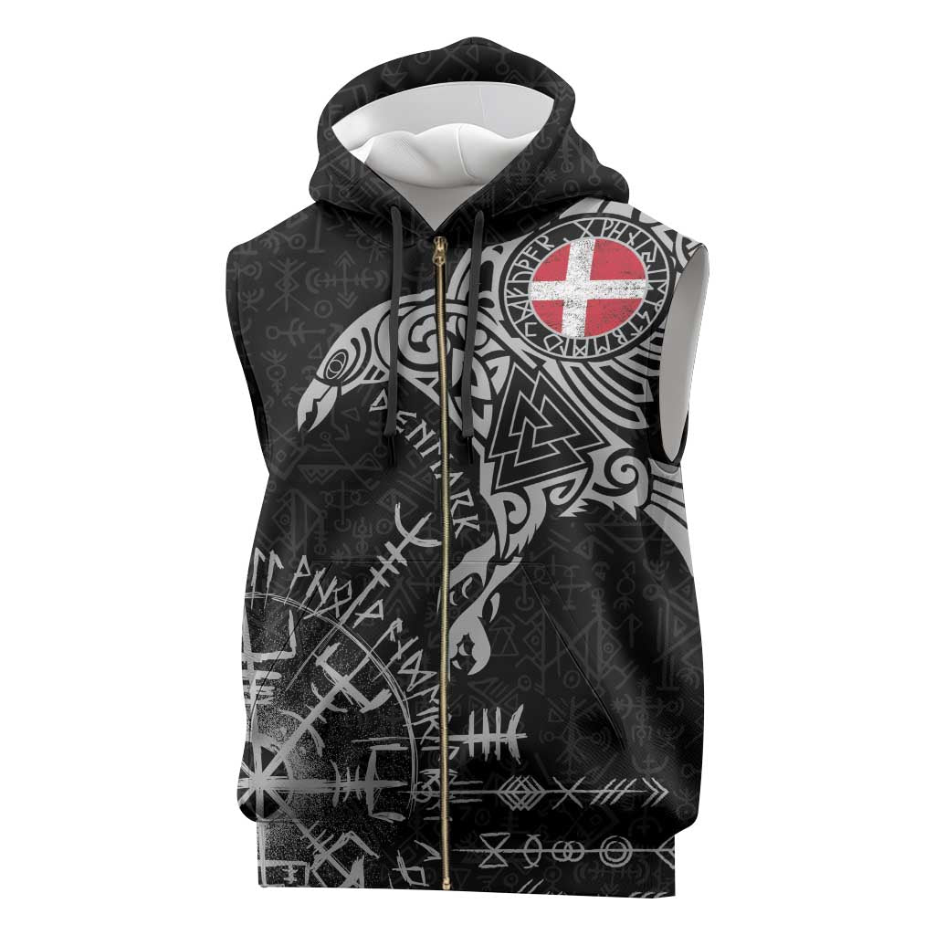 Denmark Viking Ravens Sleeveless Zip Hoodie Vegvisir Runes Pattern - Wonder Print Shop