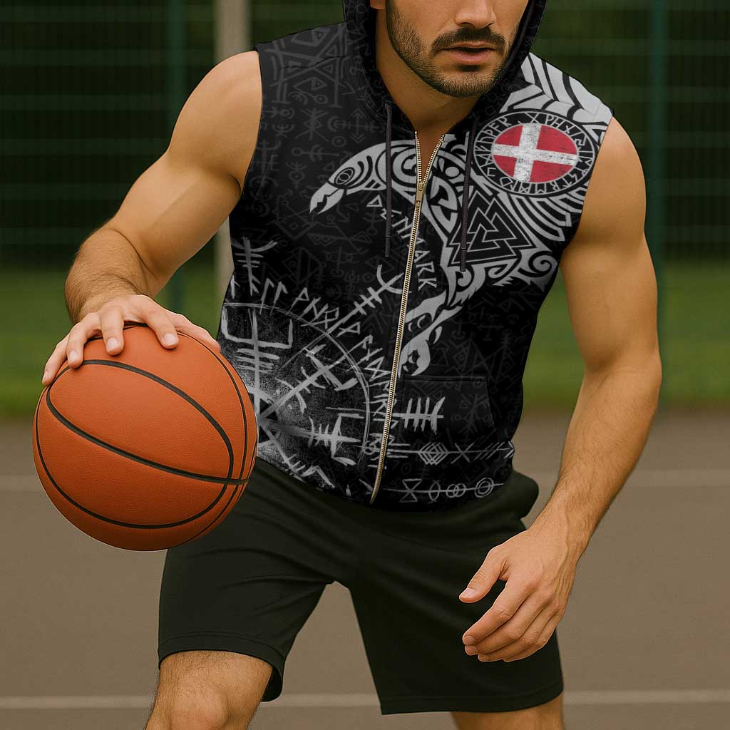 Denmark Viking Ravens Sleeveless Zip Hoodie Vegvisir Runes Pattern - Wonder Print Shop