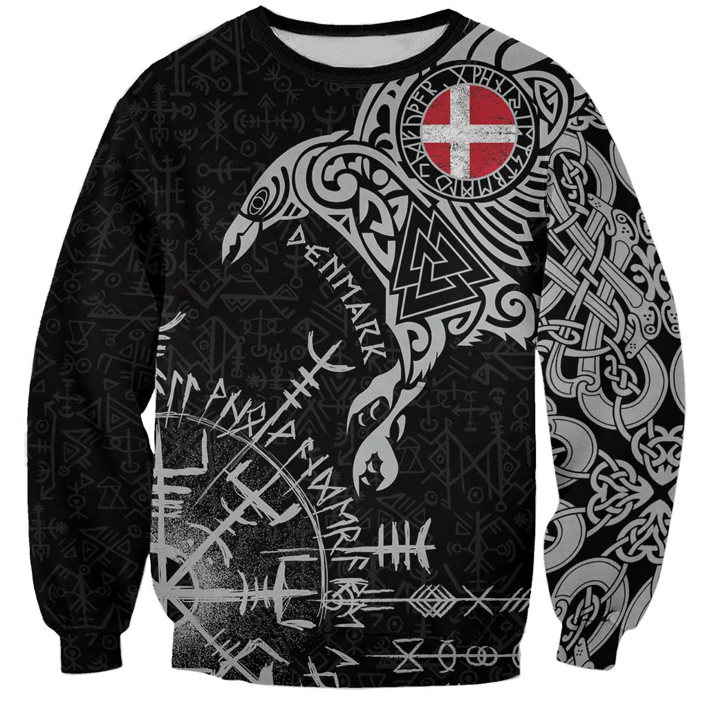 Denmark Viking Ravens Sweatshirt Vegvisir Runes Pattern - Wonder Print Shop