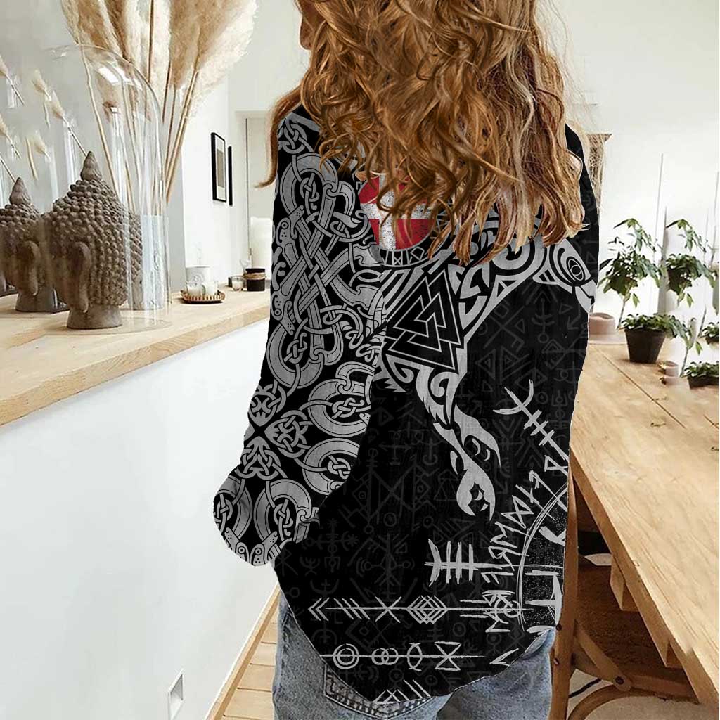 Denmark Viking Ravens Women Casual Shirt Vegvisir Runes Pattern - Wonder Print Shop