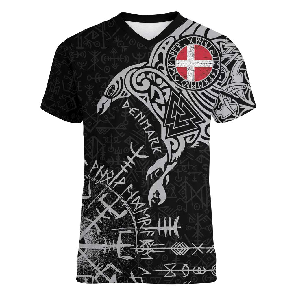 Denmark Viking Ravens Women V-Neck T-Shirt Vegvisir Runes Pattern - Wonder Print Shop
