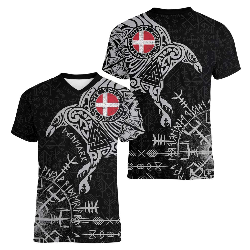 Denmark Viking Ravens Women V-Neck T-Shirt Vegvisir Runes Pattern - Wonder Print Shop