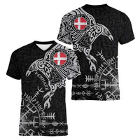 Denmark Viking Ravens Women V-Neck T-Shirt Vegvisir Runes Pattern - Wonder Print Shop