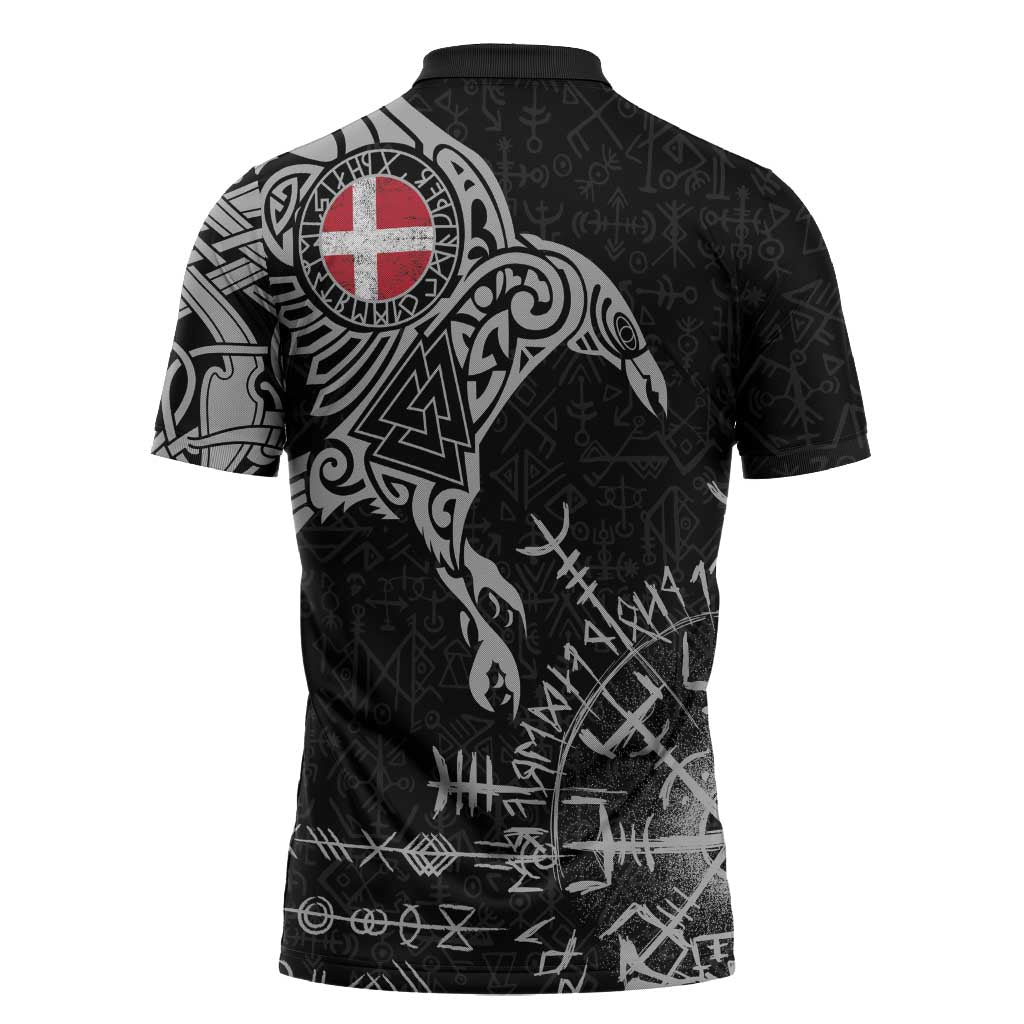 Denmark Viking Ravens Zipper Polo Shirt Vegvisir Runes Pattern - Wonder Print Shop