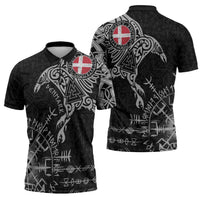 Denmark Viking Ravens Zipper Polo Shirt Vegvisir Runes Pattern - Wonder Print Shop
