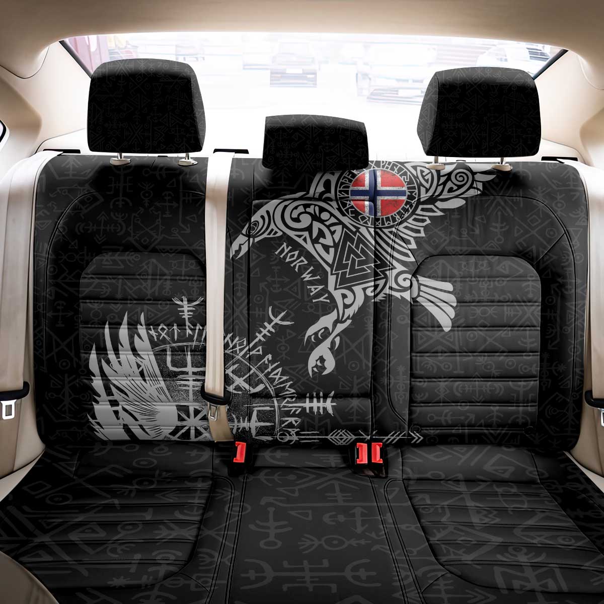 Norway Viking Ravens Back Car Seat Cover Vegvisir Runes Pattern - Wonder Print Shop