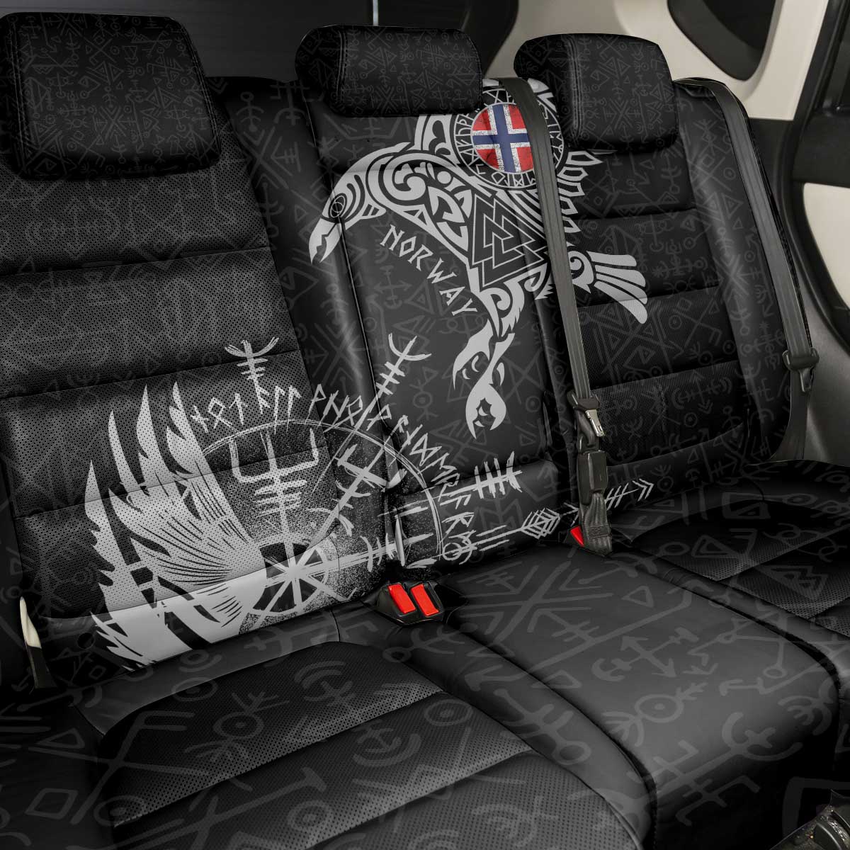 Norway Viking Ravens Back Car Seat Cover Vegvisir Runes Pattern - Wonder Print Shop