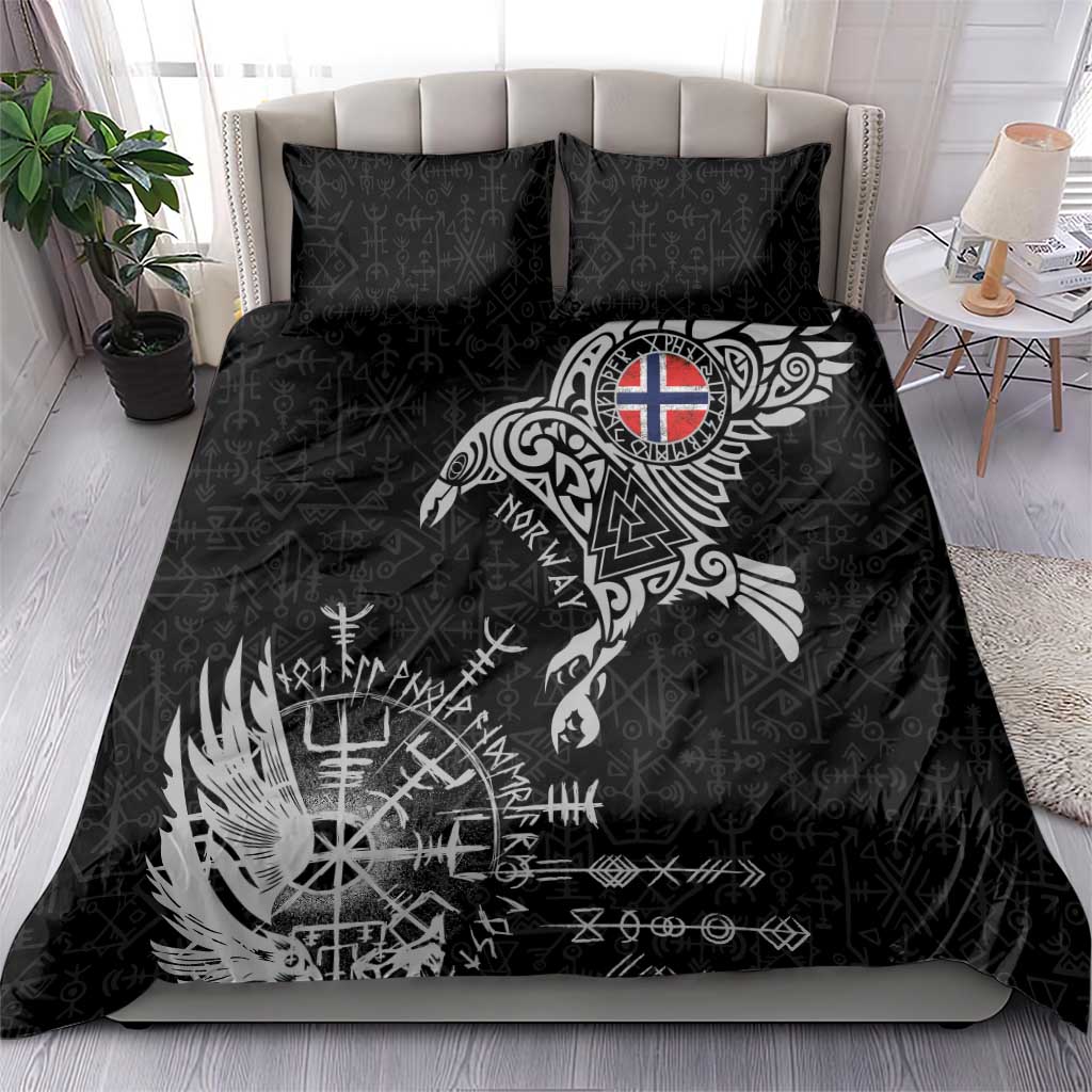 Norway Viking Ravens Bedding Set Vegvisir Runes Pattern - Wonder Print Shop
