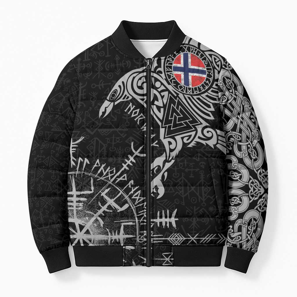 Norway Viking Ravens Bomber Puffer Jacket Vegvisir Runes Pattern - Wonder Print Shop