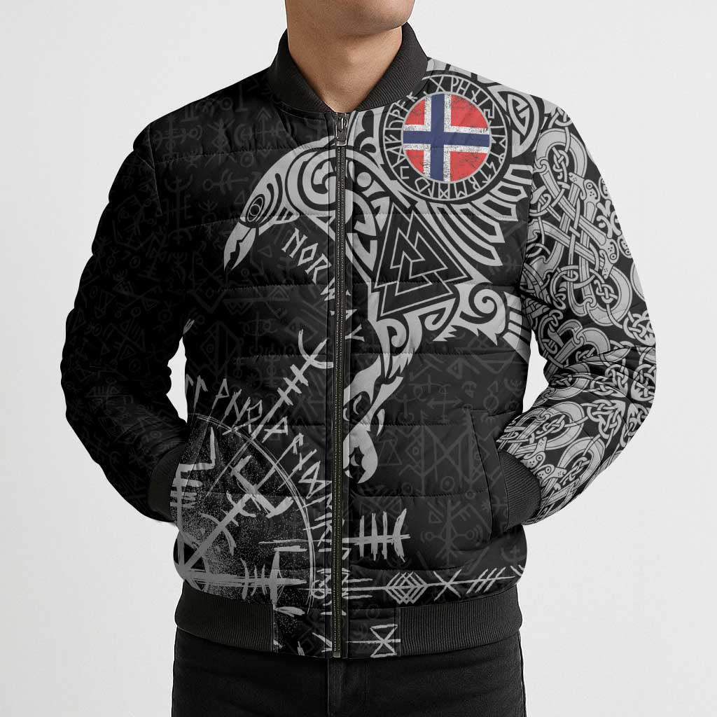 Norway Viking Ravens Bomber Puffer Jacket Vegvisir Runes Pattern - Wonder Print Shop