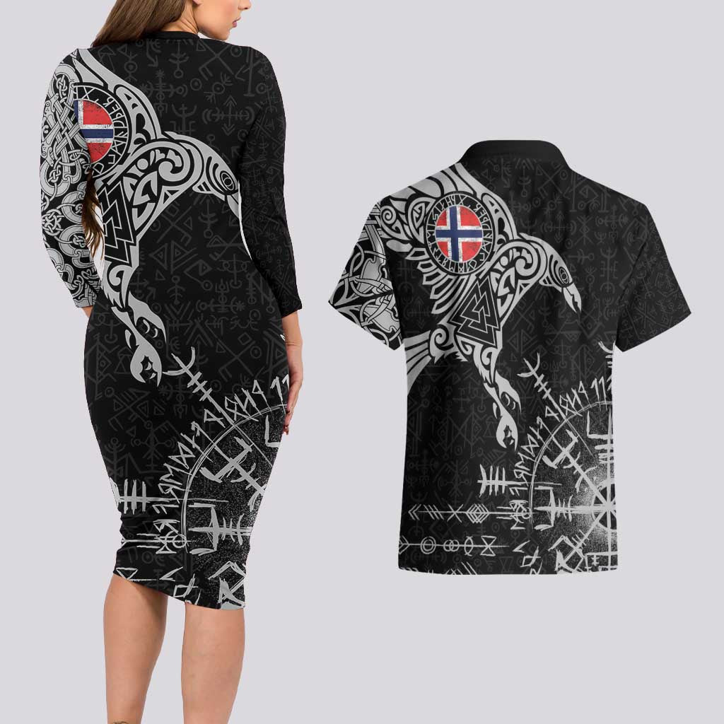 Norway Viking Ravens Couples Matching Long Sleeve Bodycon Dress and Hawaiian Shirt Vegvisir Runes Pattern - Wonder Print Shop