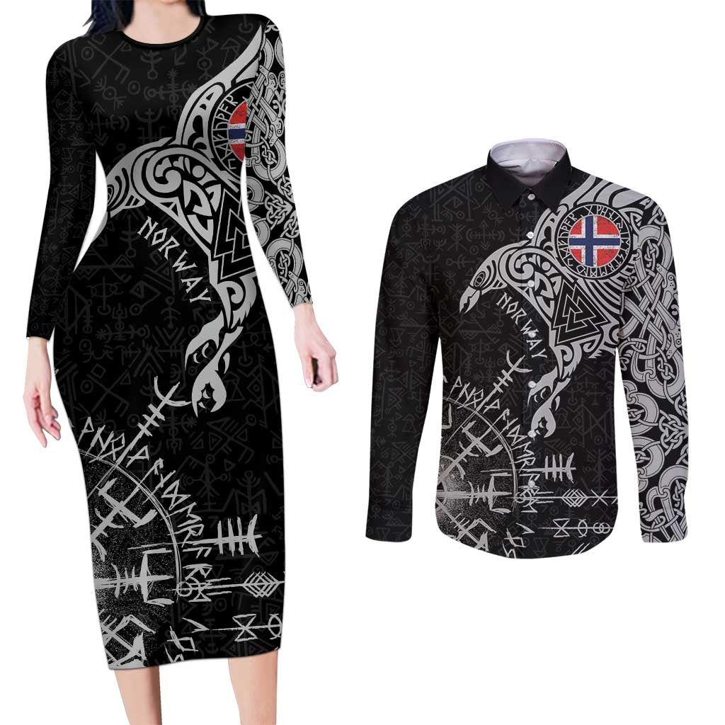 Norway Viking Ravens Couples Matching Long Sleeve Bodycon Dress and Long Sleeve Button Shirt Vegvisir Runes Pattern - Wonder Print Shop