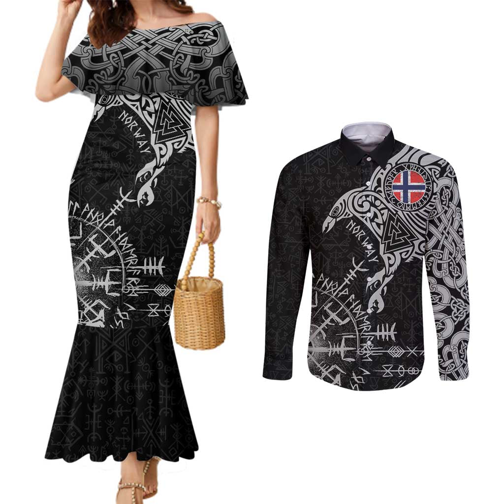 Norway Viking Ravens Couples Matching Mermaid Dress and Long Sleeve Button Shirt Vegvisir Runes Pattern - Wonder Print Shop