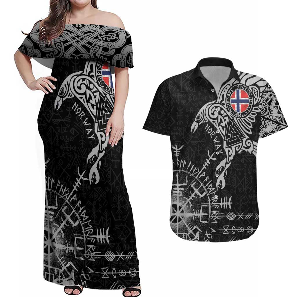 Norway Viking Ravens Couples Matching Off Shoulder Maxi Dress and Hawaiian Shirt Vegvisir Runes Pattern - Wonder Print Shop
