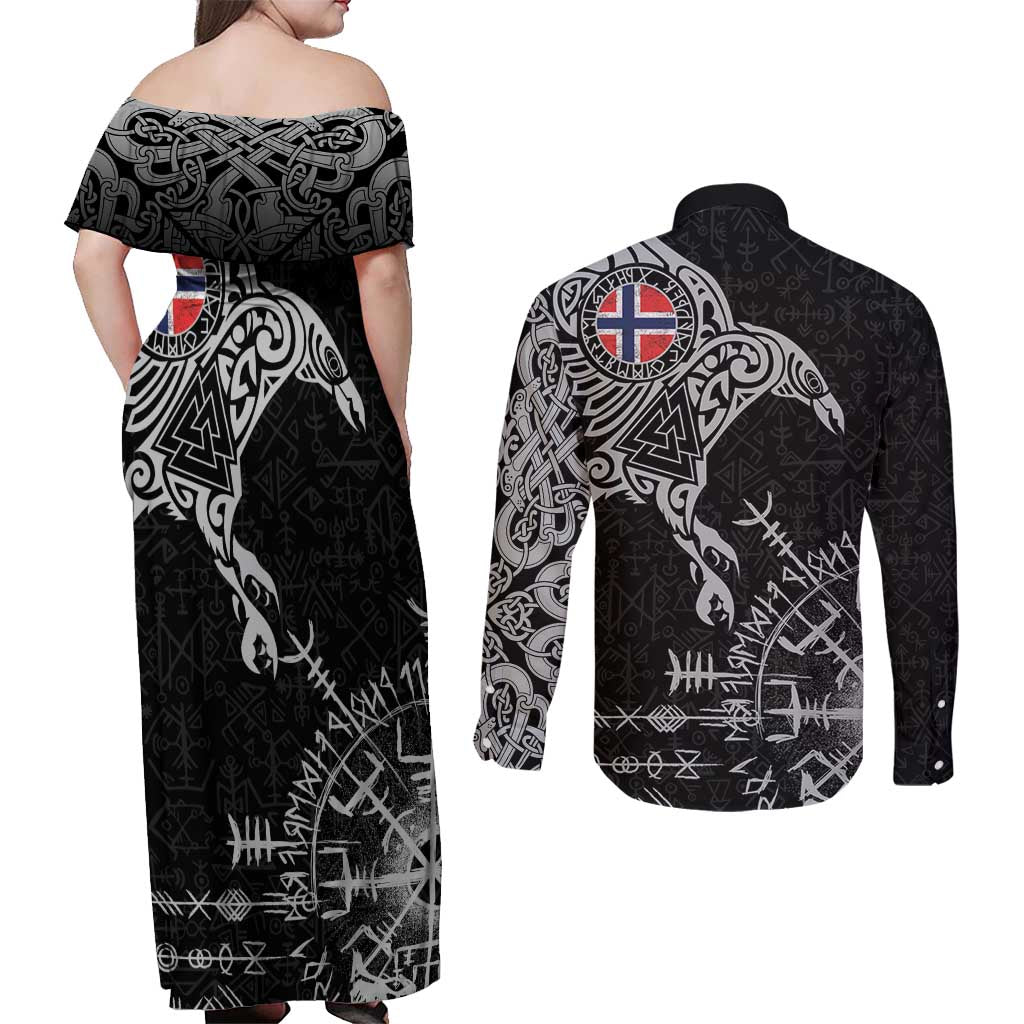 Norway Viking Ravens Couples Matching Off Shoulder Maxi Dress and Long Sleeve Button Shirt Vegvisir Runes Pattern - Wonder Print Shop