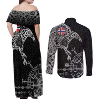 Norway Viking Ravens Couples Matching Off Shoulder Maxi Dress and Long Sleeve Button Shirt Vegvisir Runes Pattern - Wonder Print Shop