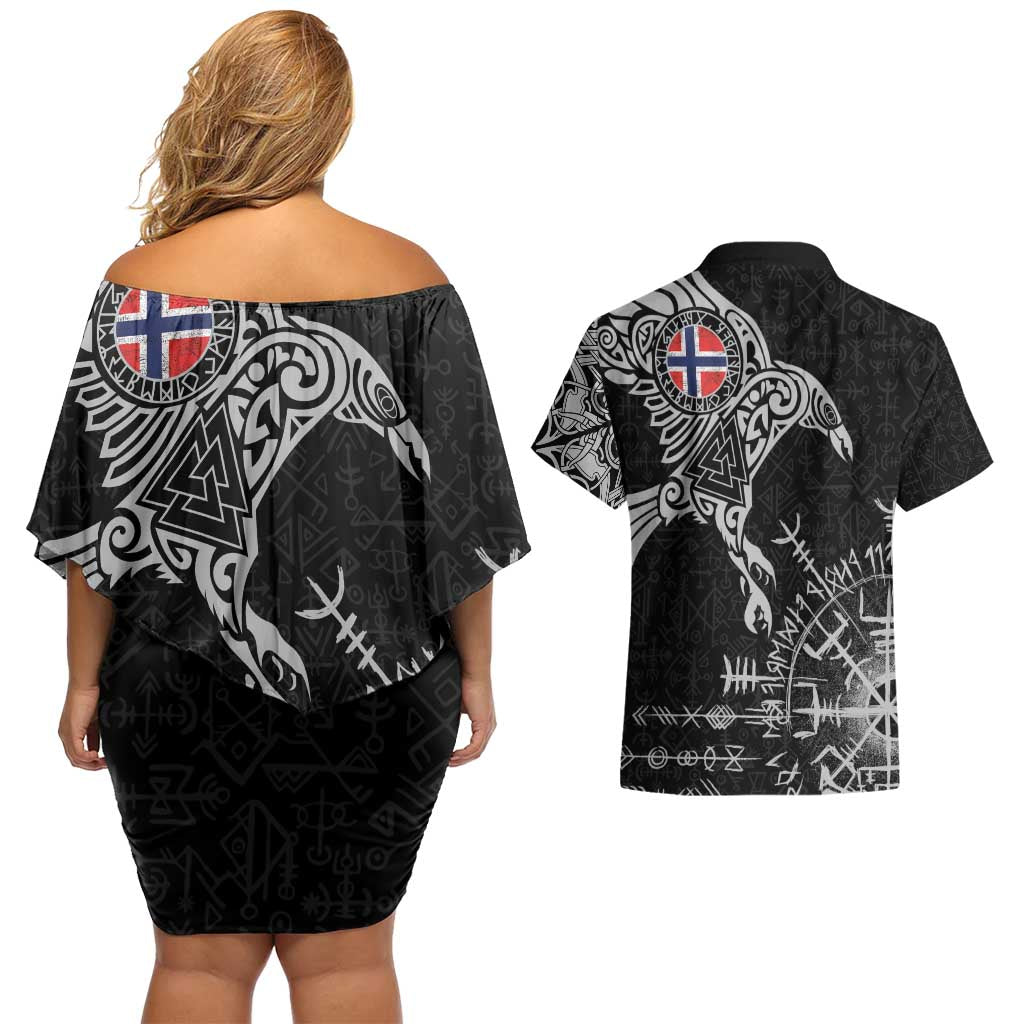 Norway Viking Ravens Couples Matching Off Shoulder Short Dress and Hawaiian Shirt Vegvisir Runes Pattern - Wonder Print Shop
