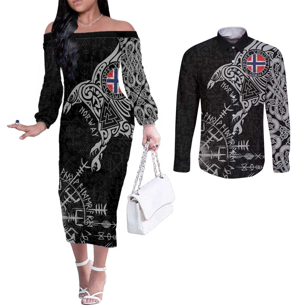 Norway Viking Ravens Couples Matching Off The Shoulder Long Sleeve Dress and Long Sleeve Button Shirt Vegvisir Runes Pattern - Wonder Print Shop