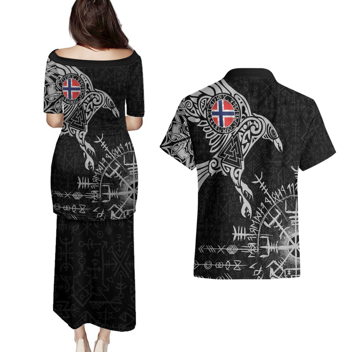 Norway Viking Ravens Couples Matching Puletasi and Hawaiian Shirt Vegvisir Runes Pattern - Wonder Print Shop
