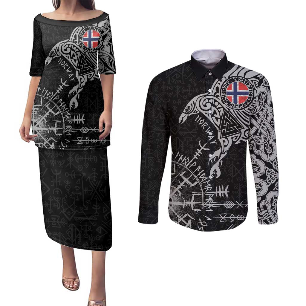 Norway Viking Ravens Couples Matching Puletasi and Long Sleeve Button Shirt Vegvisir Runes Pattern - Wonder Print Shop