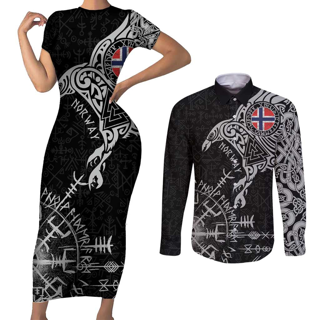 Norway Viking Ravens Couples Matching Short Sleeve Bodycon Dress and Long Sleeve Button Shirt Vegvisir Runes Pattern - Wonder Print Shop