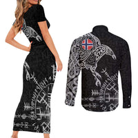 Norway Viking Ravens Couples Matching Short Sleeve Bodycon Dress and Long Sleeve Button Shirt Vegvisir Runes Pattern - Wonder Print Shop