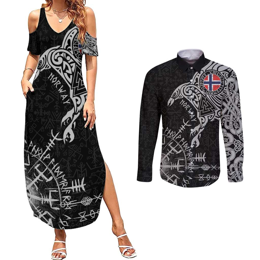 Norway Viking Ravens Couples Matching Summer Maxi Dress and Long Sleeve Button Shirt Vegvisir Runes Pattern - Wonder Print Shop