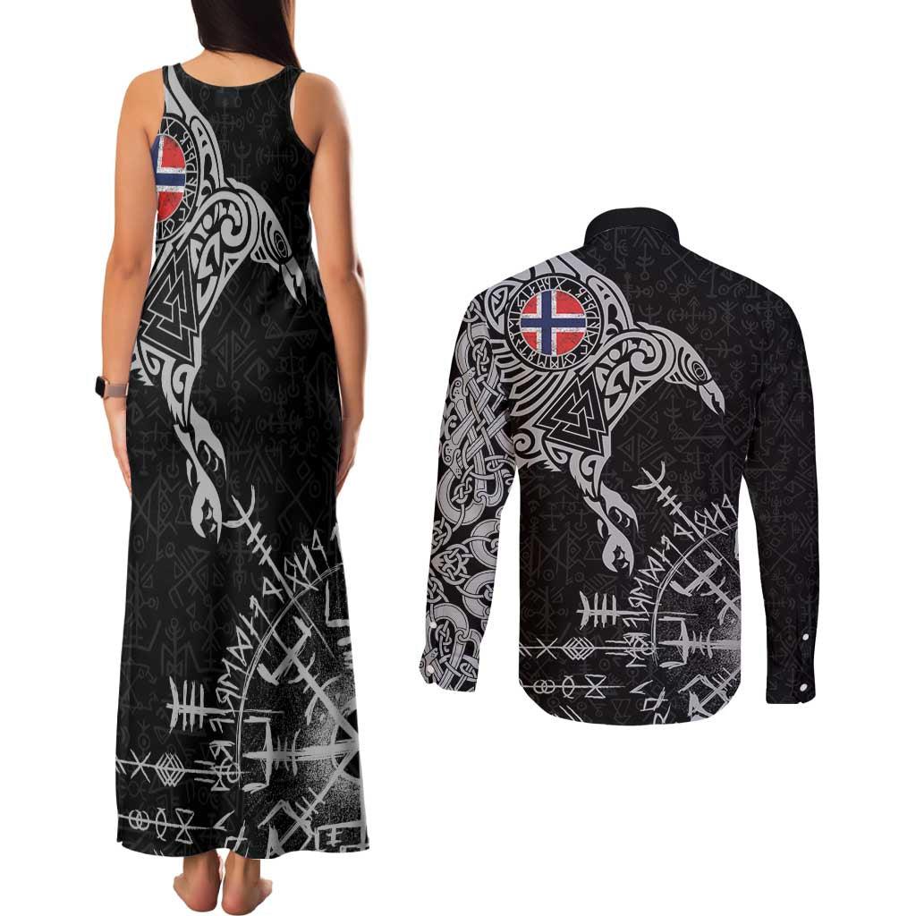 Norway Viking Ravens Couples Matching Tank Maxi Dress and Long Sleeve Button Shirt Vegvisir Runes Pattern - Wonder Print Shop