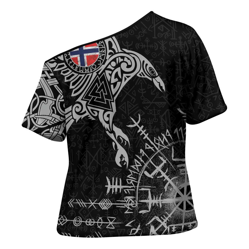 Norway Viking Ravens Cross Shoulder Shirt Vegvisir Runes Pattern - Wonder Print Shop