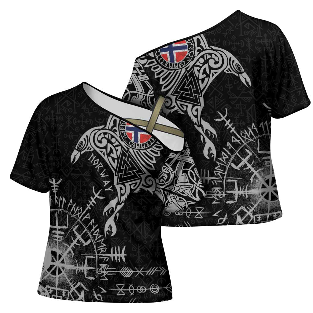 Norway Viking Ravens Cross Shoulder Shirt Vegvisir Runes Pattern - Wonder Print Shop