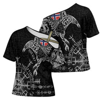 Norway Viking Ravens Cross Shoulder Shirt Vegvisir Runes Pattern - Wonder Print Shop