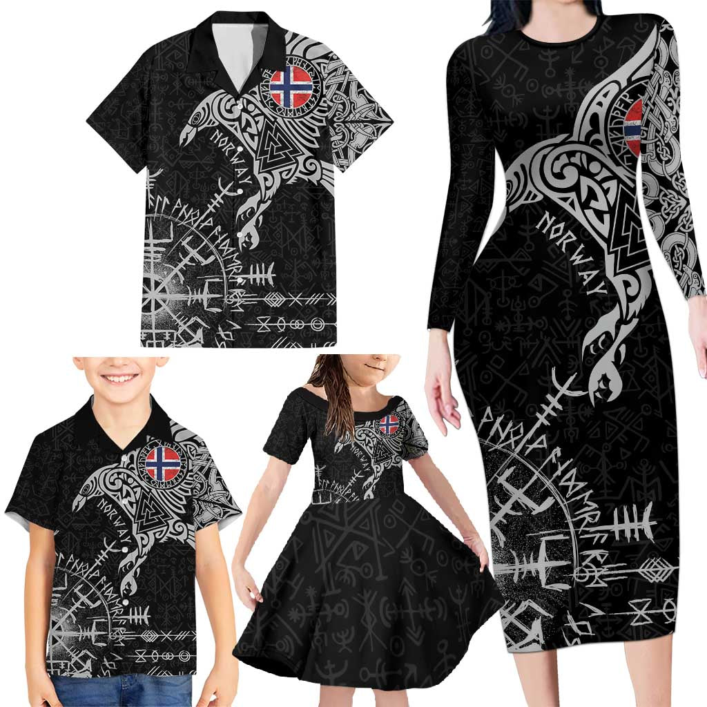 Norway Viking Ravens Family Matching Long Sleeve Bodycon Dress and Hawaiian Shirt Vegvisir Runes Pattern - Wonder Print Shop