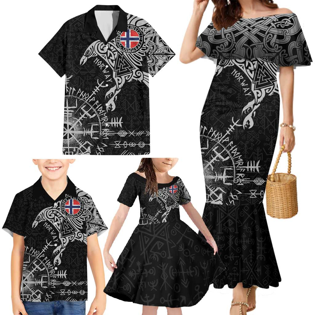 Norway Viking Ravens Family Matching Mermaid Dress and Hawaiian Shirt Vegvisir Runes Pattern - Wonder Print Shop