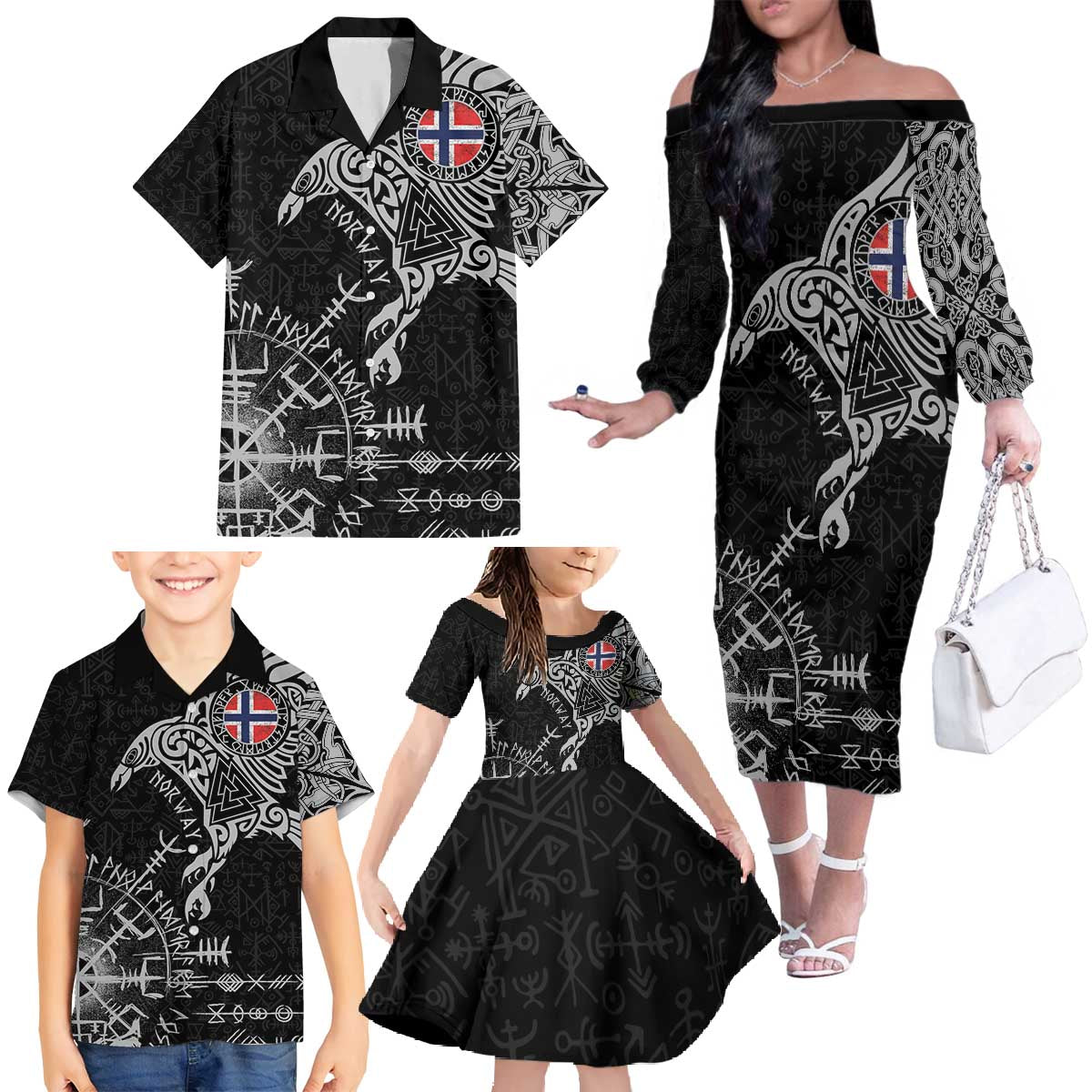 Norway Viking Ravens Family Matching Off The Shoulder Long Sleeve Dress and Hawaiian Shirt Vegvisir Runes Pattern - Wonder Print Shop