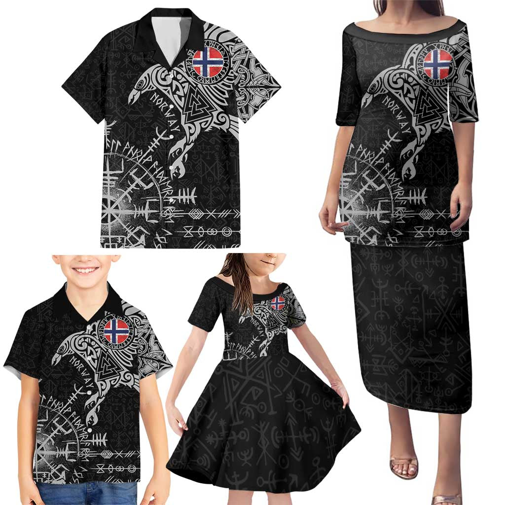 Norway Viking Ravens Family Matching Puletasi and Hawaiian Shirt Vegvisir Runes Pattern - Wonder Print Shop