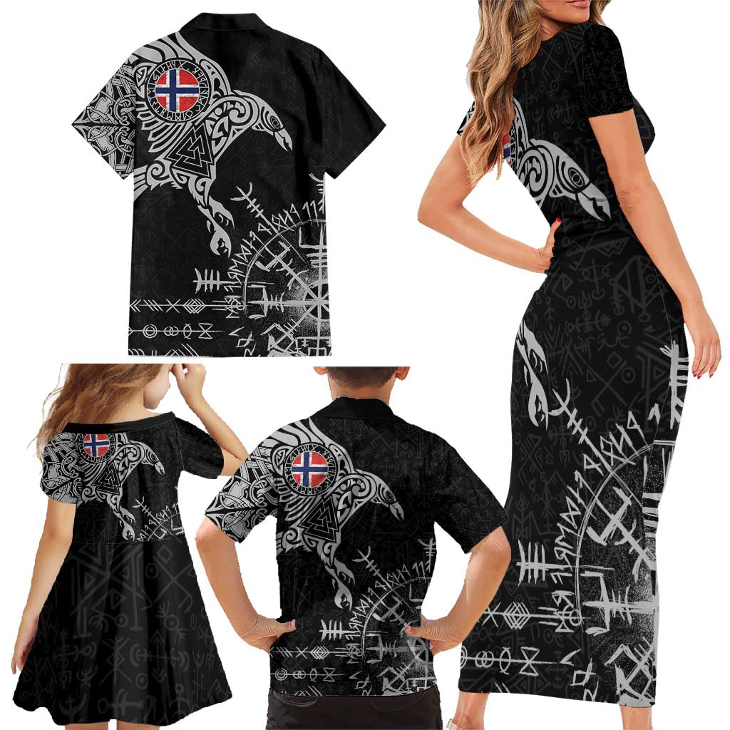 Norway Viking Ravens Family Matching Short Sleeve Bodycon Dress and Hawaiian Shirt Vegvisir Runes Pattern - Wonder Print Shop