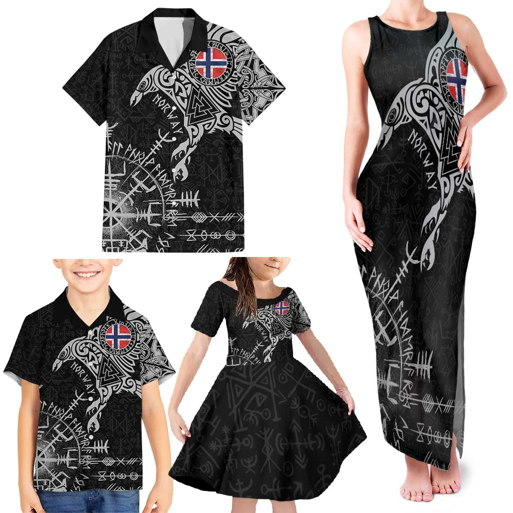 Norway Viking Ravens Family Matching Tank Maxi Dress and Hawaiian Shirt Vegvisir Runes Pattern - Wonder Print Shop