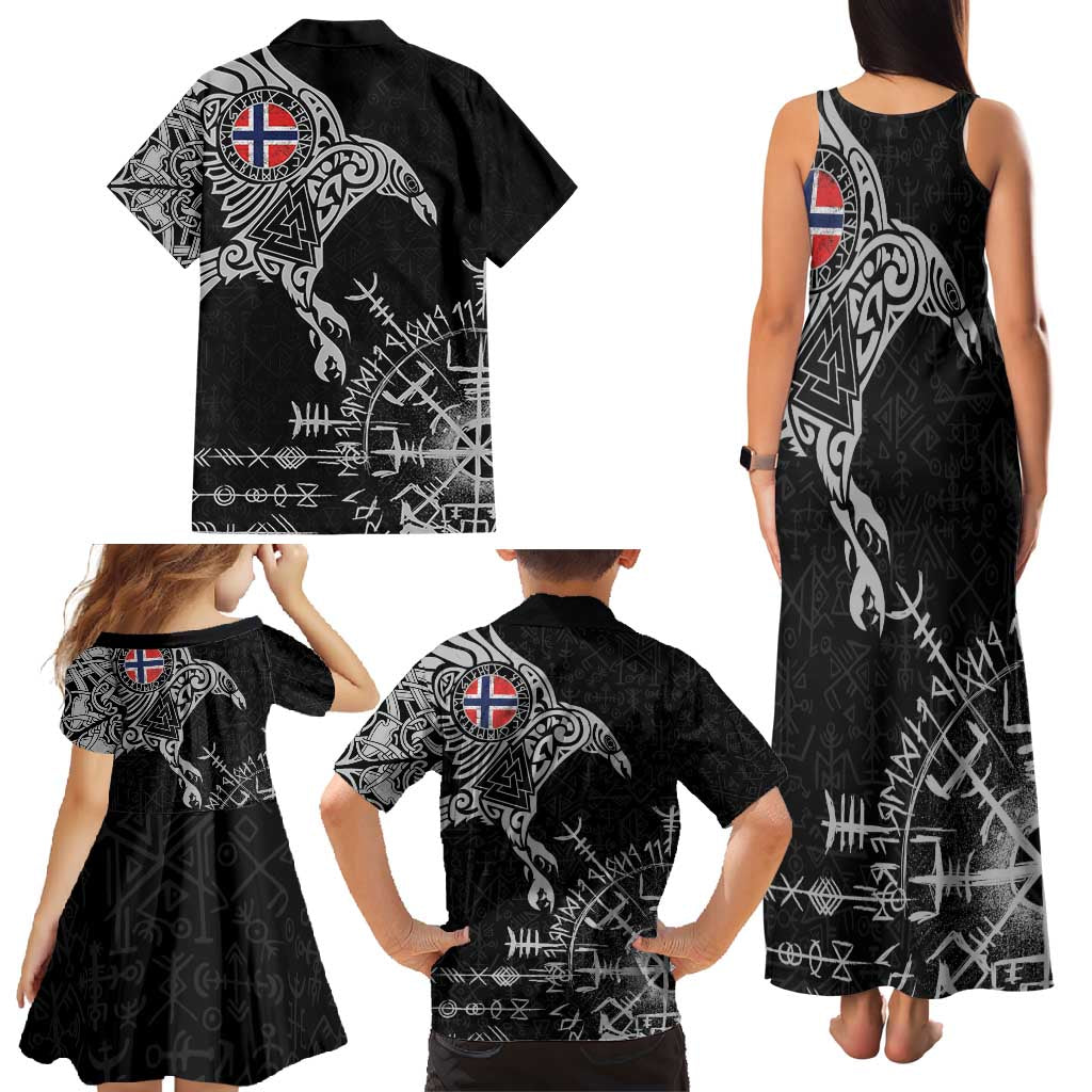 Norway Viking Ravens Family Matching Tank Maxi Dress and Hawaiian Shirt Vegvisir Runes Pattern - Wonder Print Shop