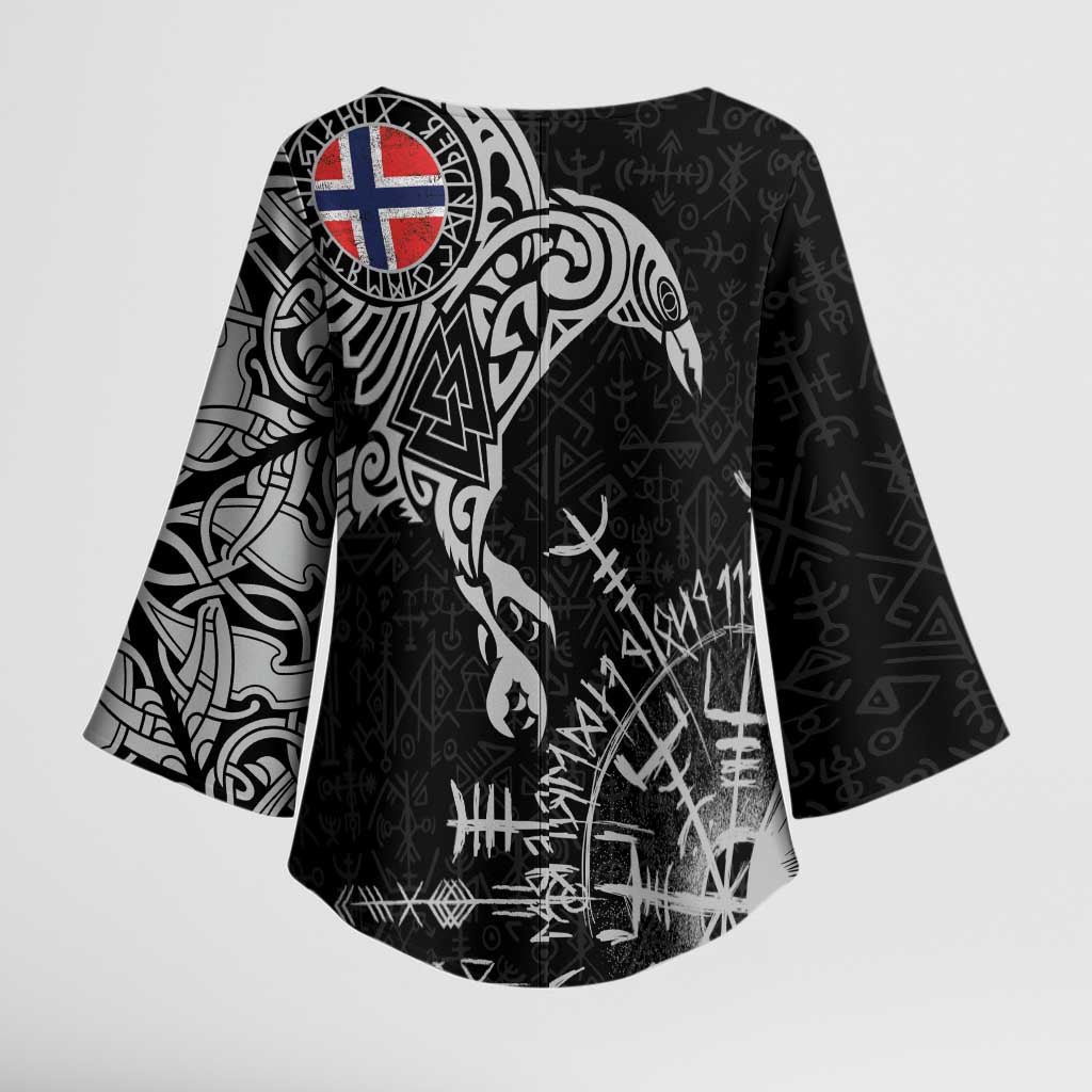 Norway Viking Ravens Kimono Sleeve Blouse Vegvisir Runes Pattern - Wonder Print Shop