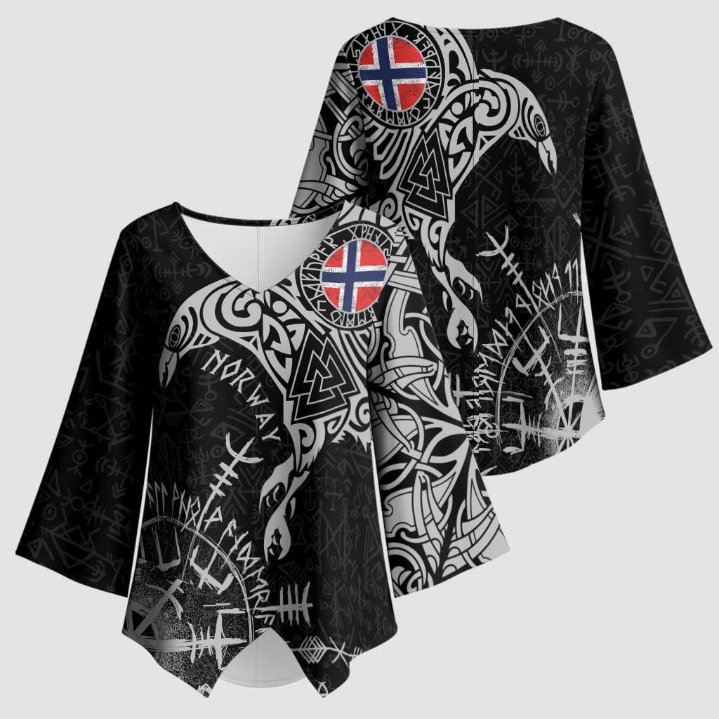 Norway Viking Ravens Kimono Sleeve Blouse Vegvisir Runes Pattern - Wonder Print Shop