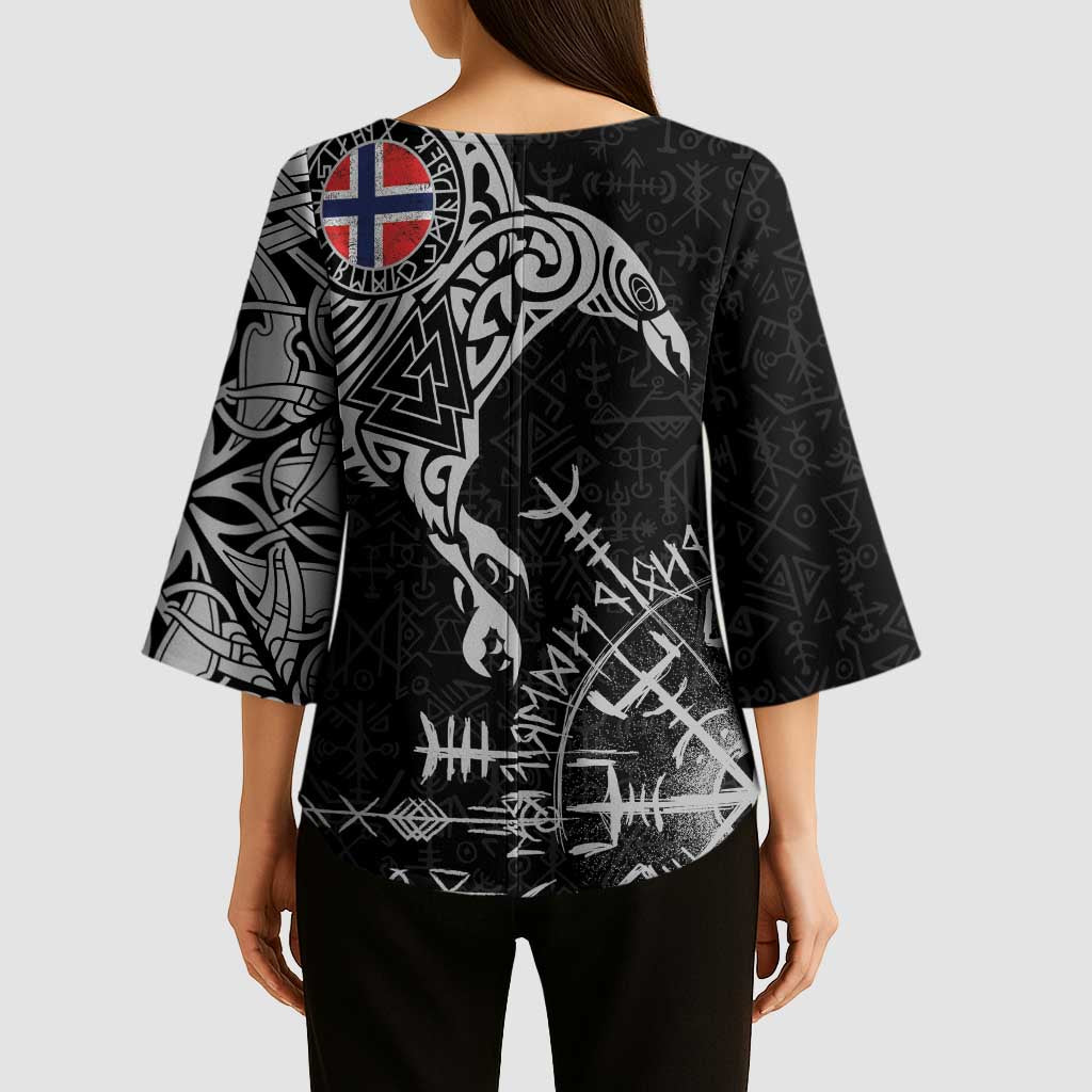 Norway Viking Ravens Kimono Sleeve Blouse Vegvisir Runes Pattern - Wonder Print Shop