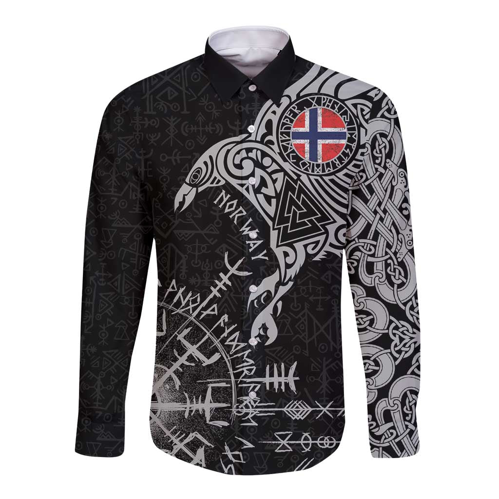 Norway Viking Ravens Long Sleeve Button Shirt Vegvisir Runes Pattern - Wonder Print Shop