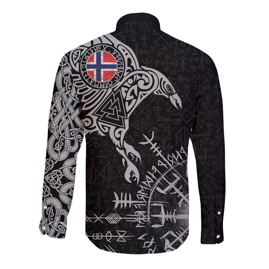 Norway Viking Ravens Long Sleeve Button Shirt Vegvisir Runes Pattern - Wonder Print Shop