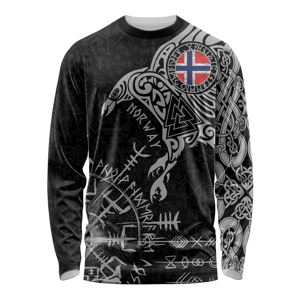 Norway Viking Ravens Long Sleeve Shirt Vegvisir Runes Pattern - Wonder Print Shop