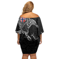 Norway Viking Ravens Off Shoulder Short Dress Vegvisir Runes Pattern - Wonder Print Shop