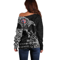 Norway Viking Ravens Off Shoulder Sweater Vegvisir Runes Pattern - Wonder Print Shop