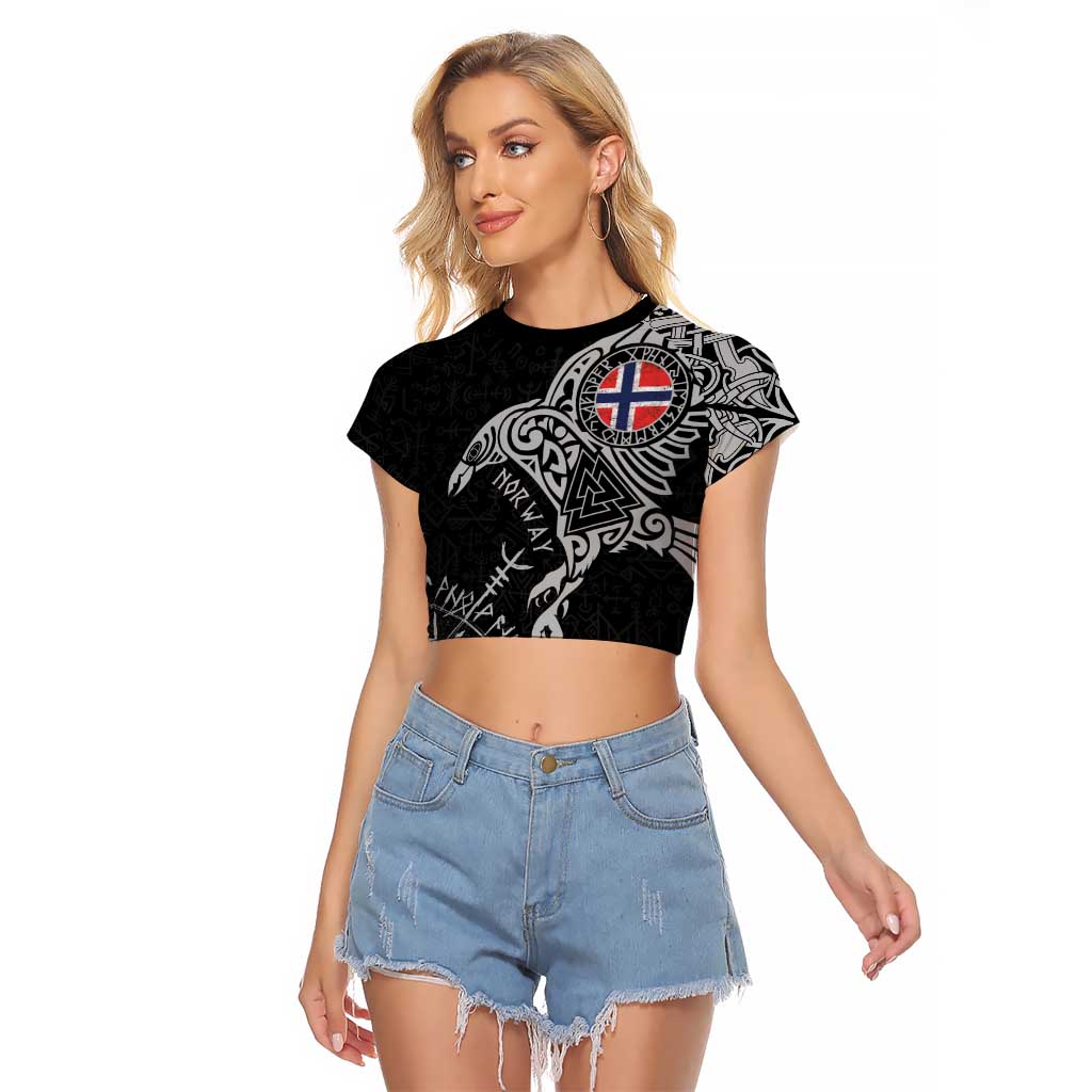 Norway Viking Ravens Raglan Cropped T Shirt Vegvisir Runes Pattern - Wonder Print Shop
